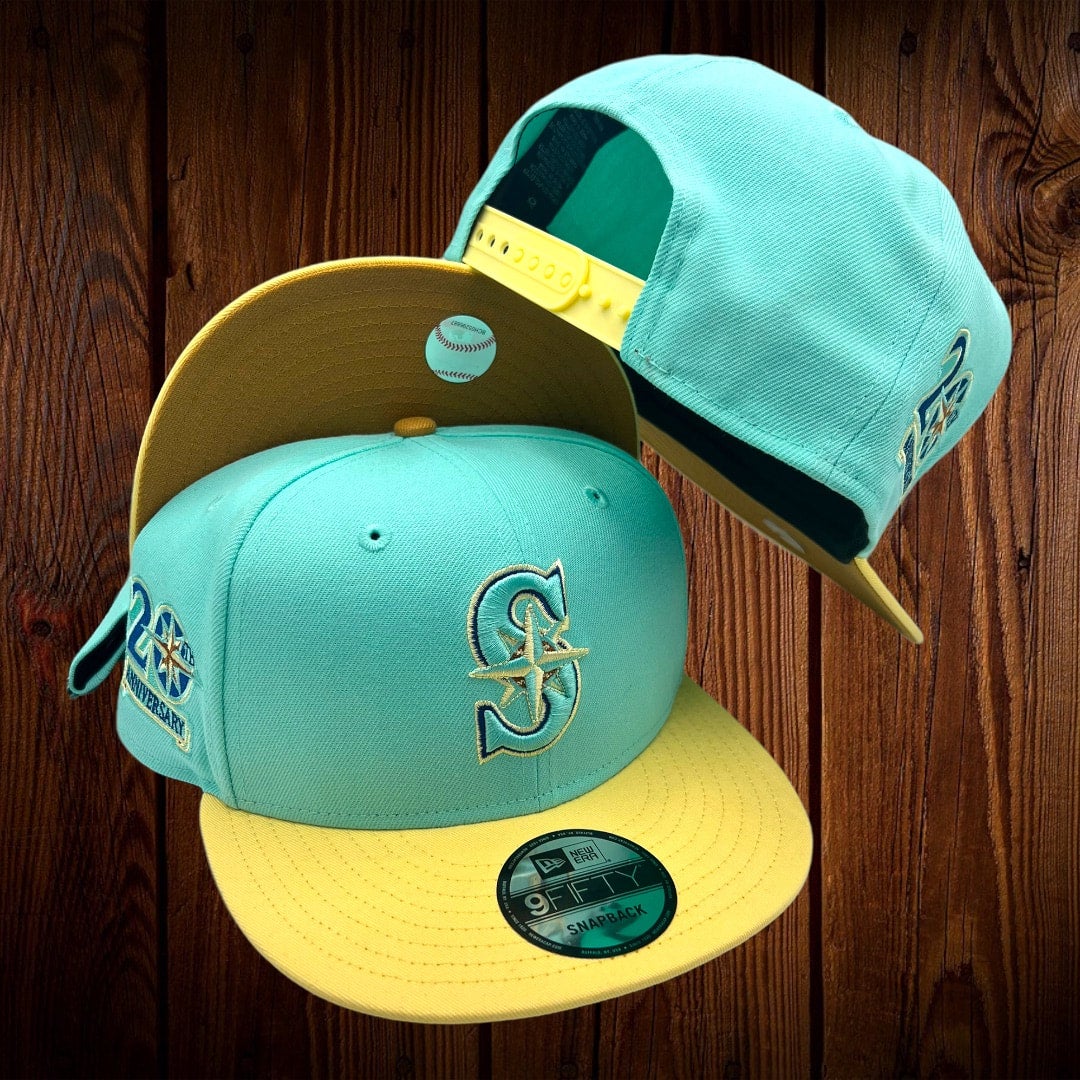 Seattle Mariners New Era Blue Tint/Soft Yellow Bill And Panama Tan Bottom  With 20TH Anniversary Patch On Side 9FIFTY Snapback Adjustable Hat