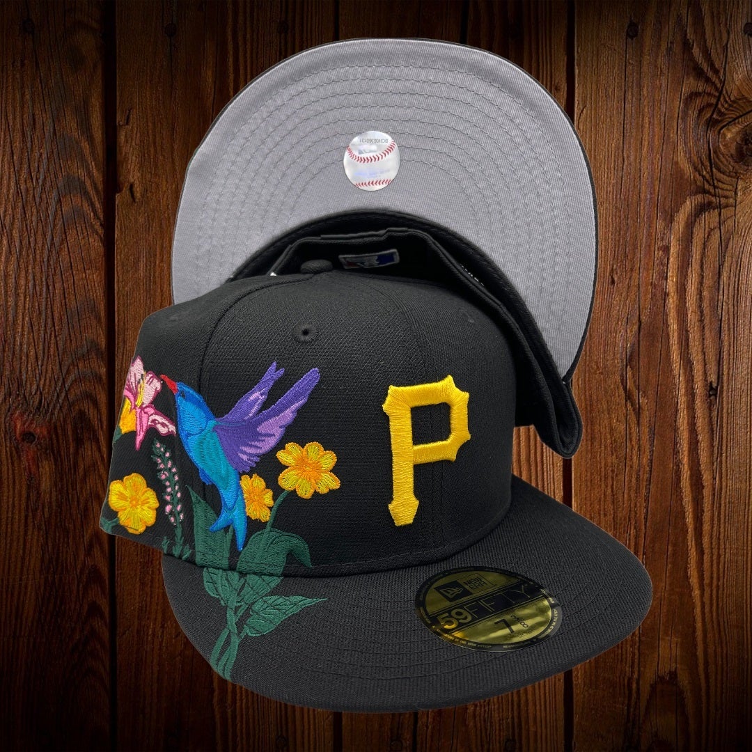 Pittsburgh Pirates New Era All Black/Gray Bottom With Blooming Flowers On  Side 59FIFTY Fitted Hat