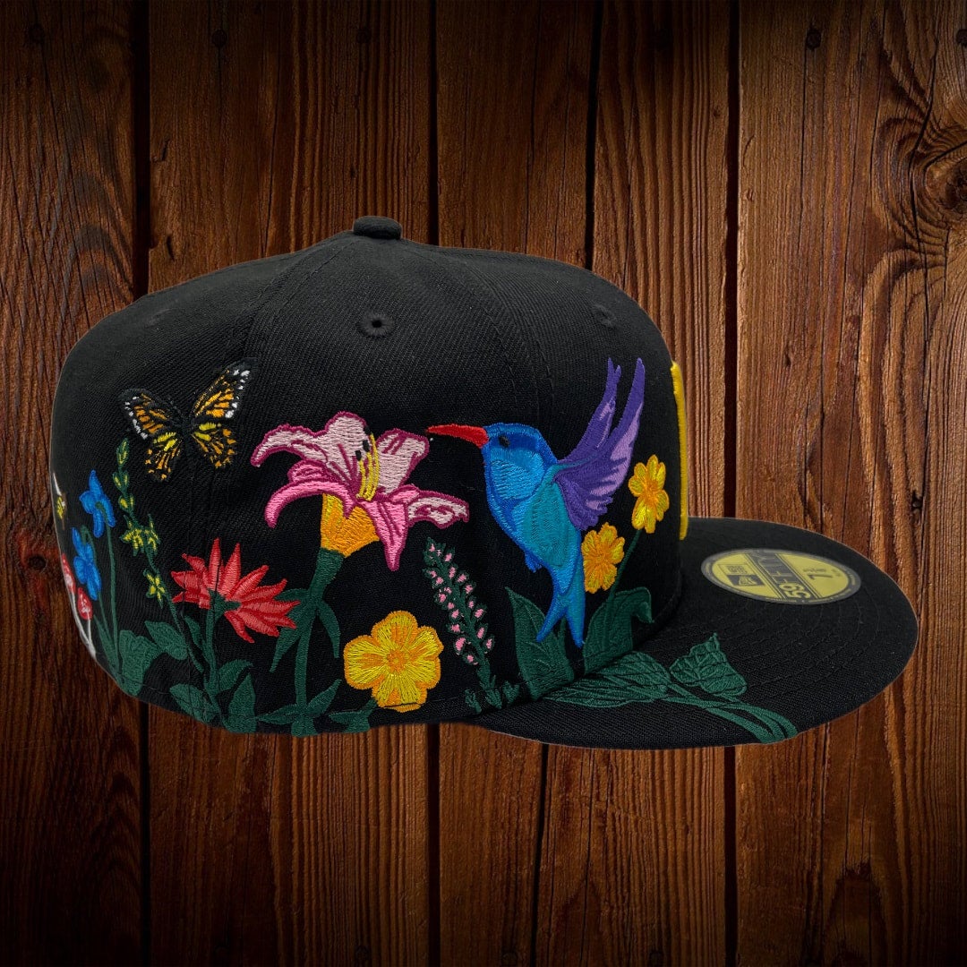 Pittsburgh Pirates New Era All Black/Gray Bottom With Blooming Flowers On  Side 59FIFTY Fitted Hat