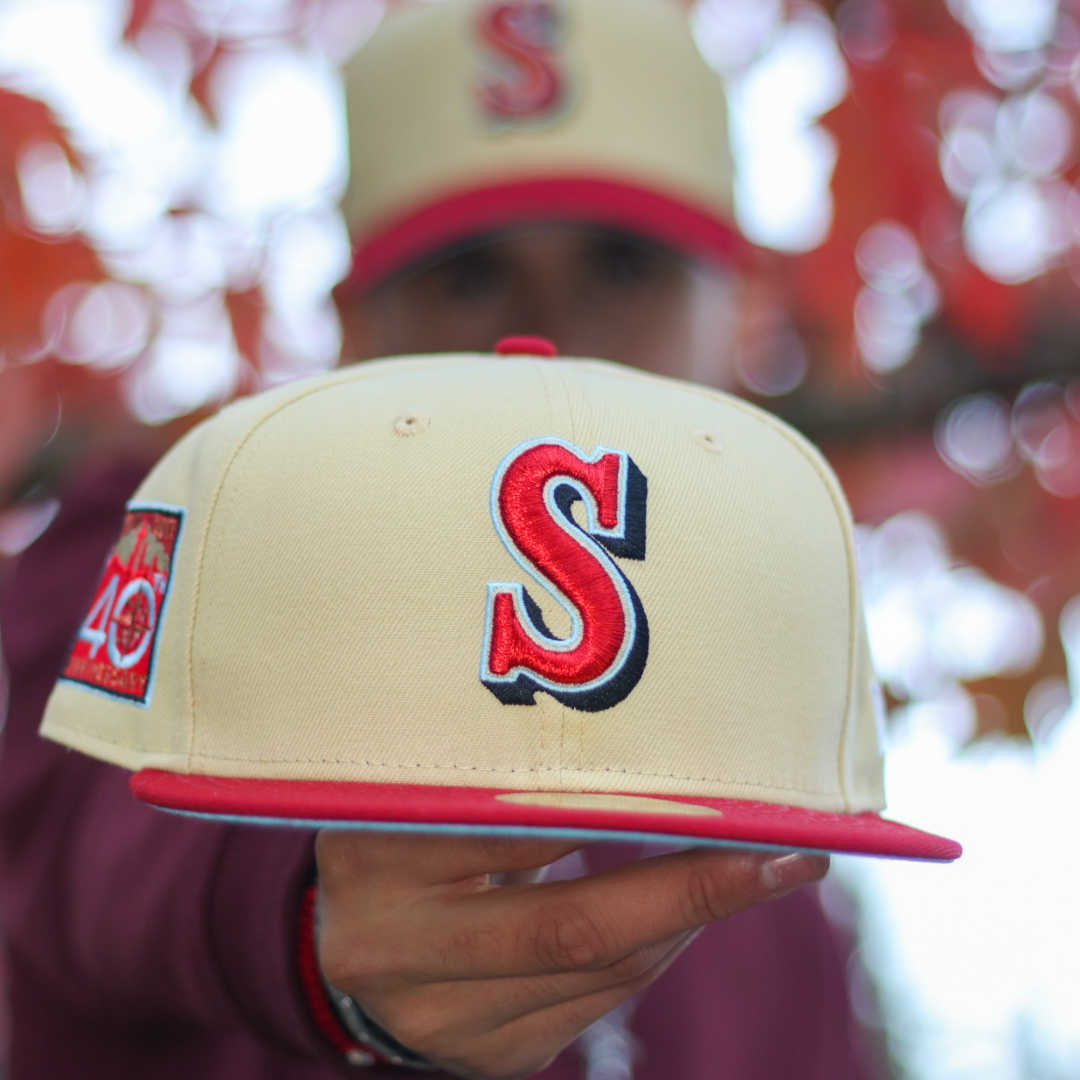 Yellow Seattle Mariners Royal Blue Visor Red Bottom 30th Anniversary Side Patch New Era 59FIFTY Fitted 71/8