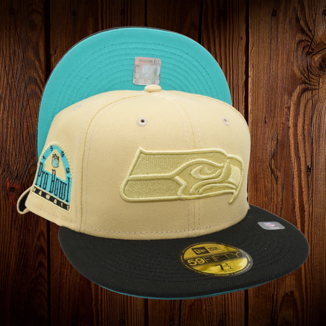 Seattle Seahawks New Era Vegas Gold/Black Bill With Blue Bottom With 1993  Probowl Patch On Side 59FIFTY Fitted Hat