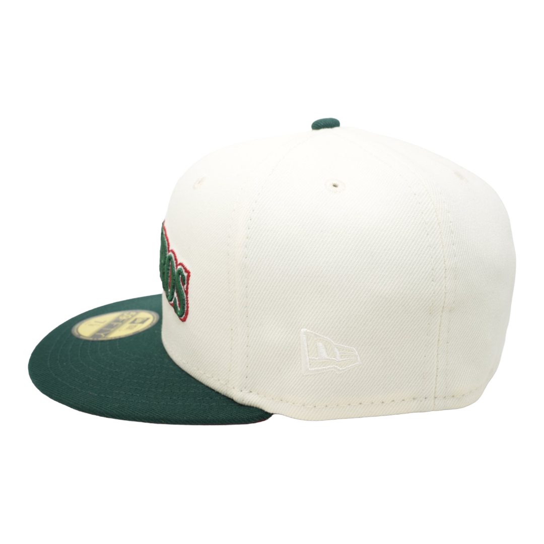 Seattle Mariners New Era Marineros Script Black/DK Green Bill and H Red  Bottom With Mexican Flag Patch On Side 59FIFTY Fitted Hat⁠