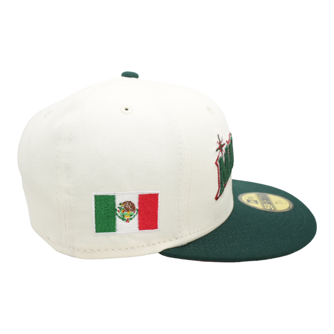 Seattle Mariners New Era Marineros Script Black/DK Green Bill and H Red  Bottom With Mexican Flag Patch On Side 59FIFTY Fitted Hat⁠