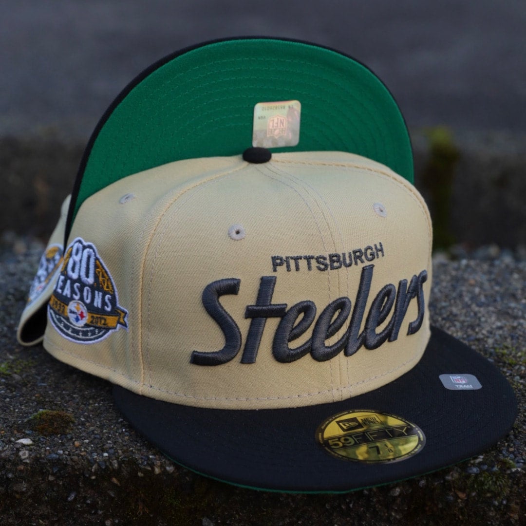 Pittsburgh Steelers New Era Vegas Gold/Black Bill And Green Bottom With  80th Anniversary Patch On Side 59FIFTY Fitted Hat