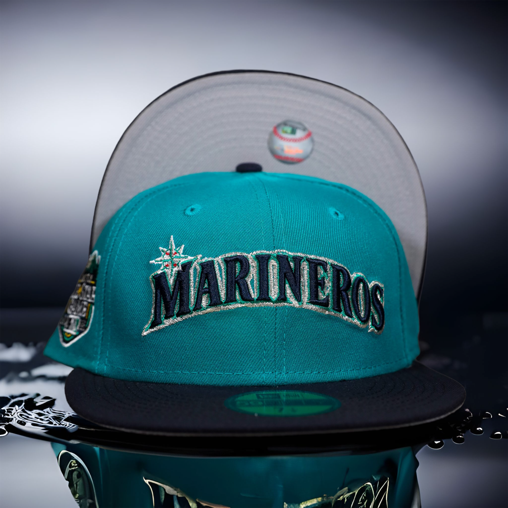 Seattle Mariners Marineros Aqua/Navy Bill And Gray Bottom With All Star  Gane 2023 Patch On Side 59FIFTY Fitted Hat