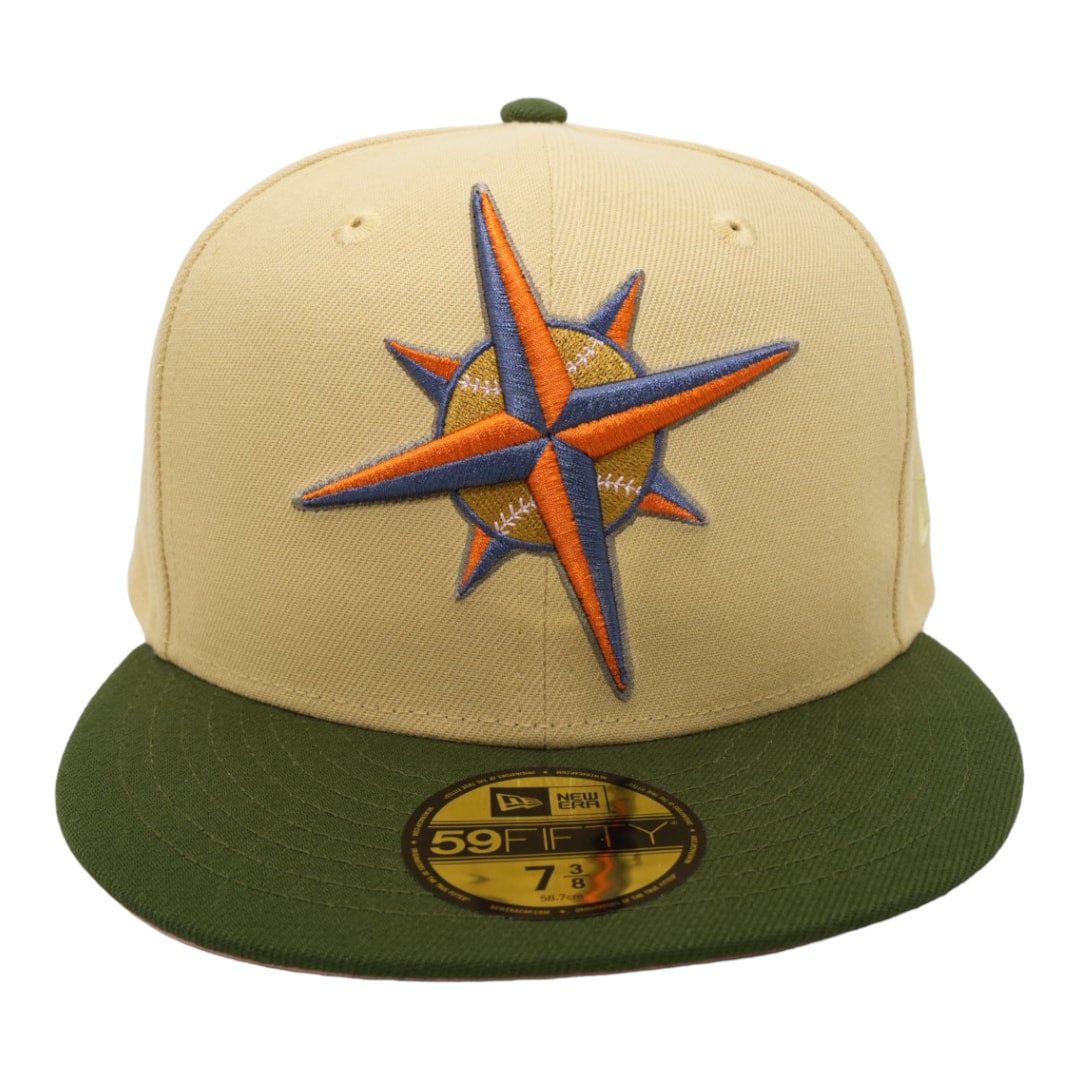 Seattle Mariners New Era Tilted Compass No Patch Vega Gold/Rifle Green With  Pink Bottom 59FIFTY Fitted Hat