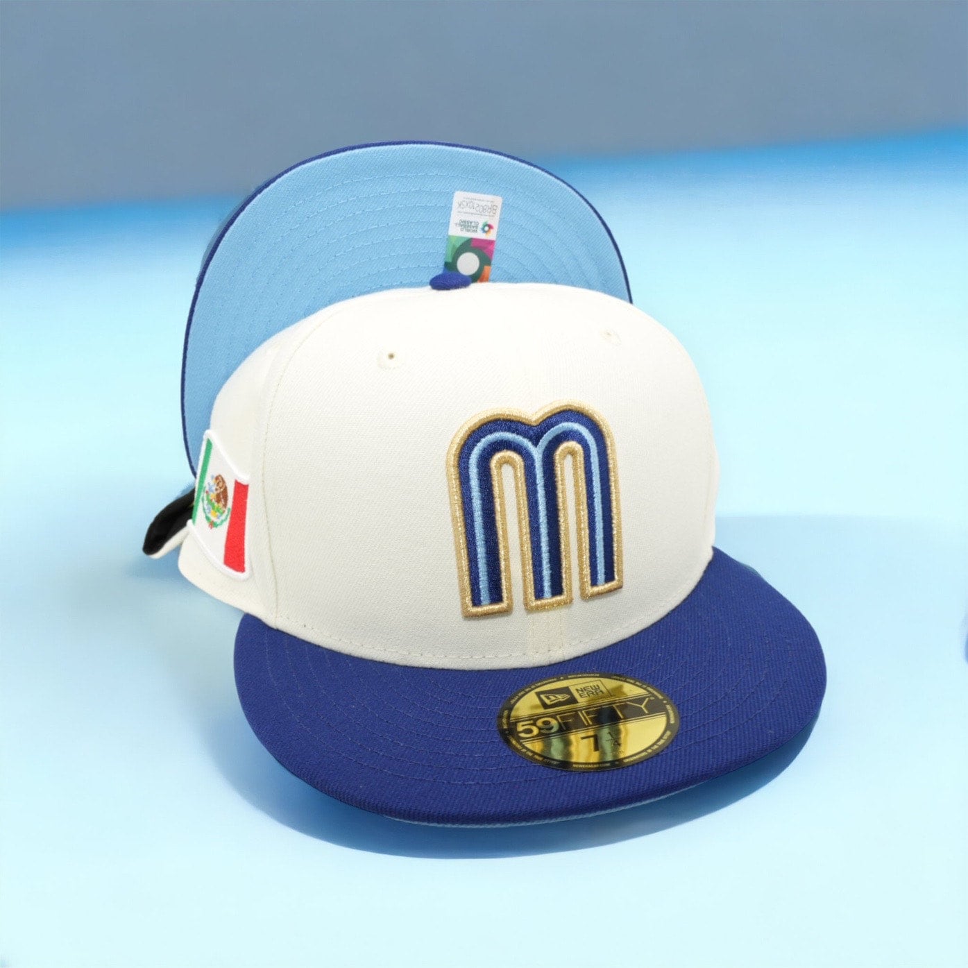 WBC Mexico New Era Chrome White/Dark Royal And Sky Blue Bottom With Mexican  Flag Patch On Side 59FIFTY Fitted Hat