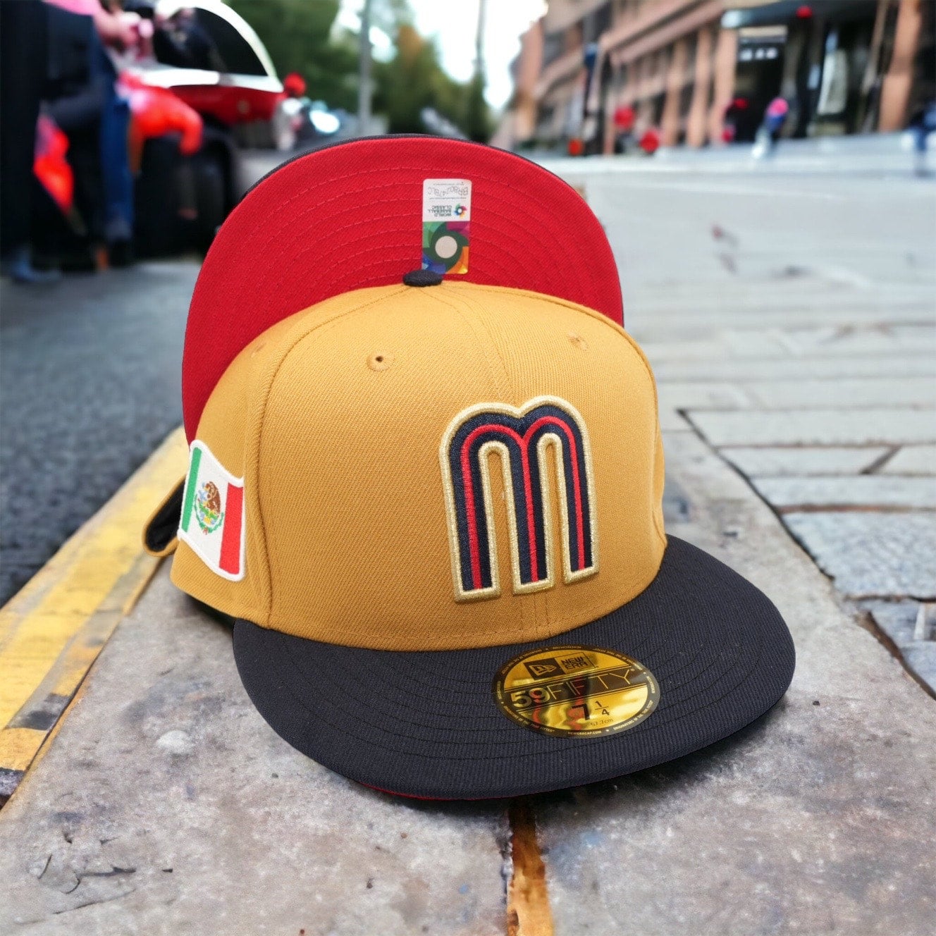 WBC Mexico New Era Panama Tan/Navy And Red Bottom With Mexican Flag Patch  On Side 59FIFTY Fitted Hat