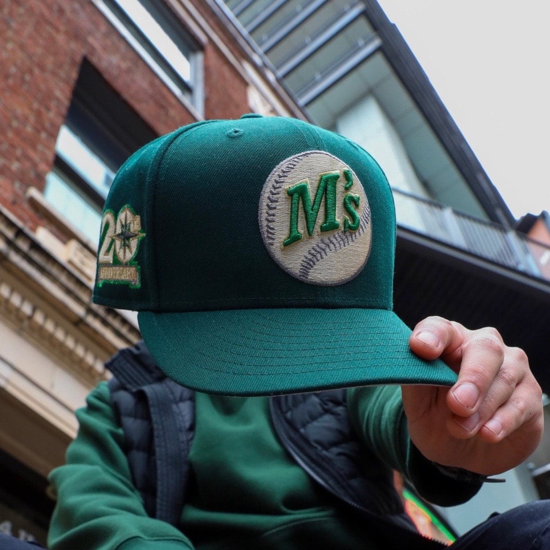 Seattle Mariners New Era Money Tree All DK Green And Stone Bottom With  20th Anniversary Patch On Side 59FIFTY Fitted Hat
