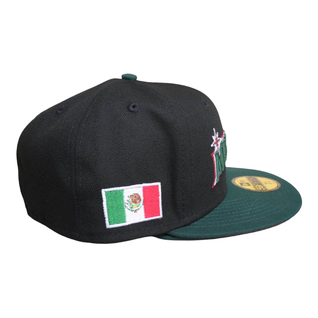 Seattle Mariners New Era Marineros Script Black/DK Green Bill and H Red  Bottom With Mexican Flag Patch On Side 59FIFTY Fitted Hat⁠