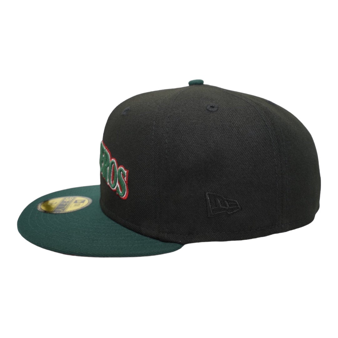 Seattle Mariners New Era Marineros Script Black/DK Green Bill and H Red  Bottom With Mexican Flag Patch On Side 59FIFTY Fitted Hat⁠