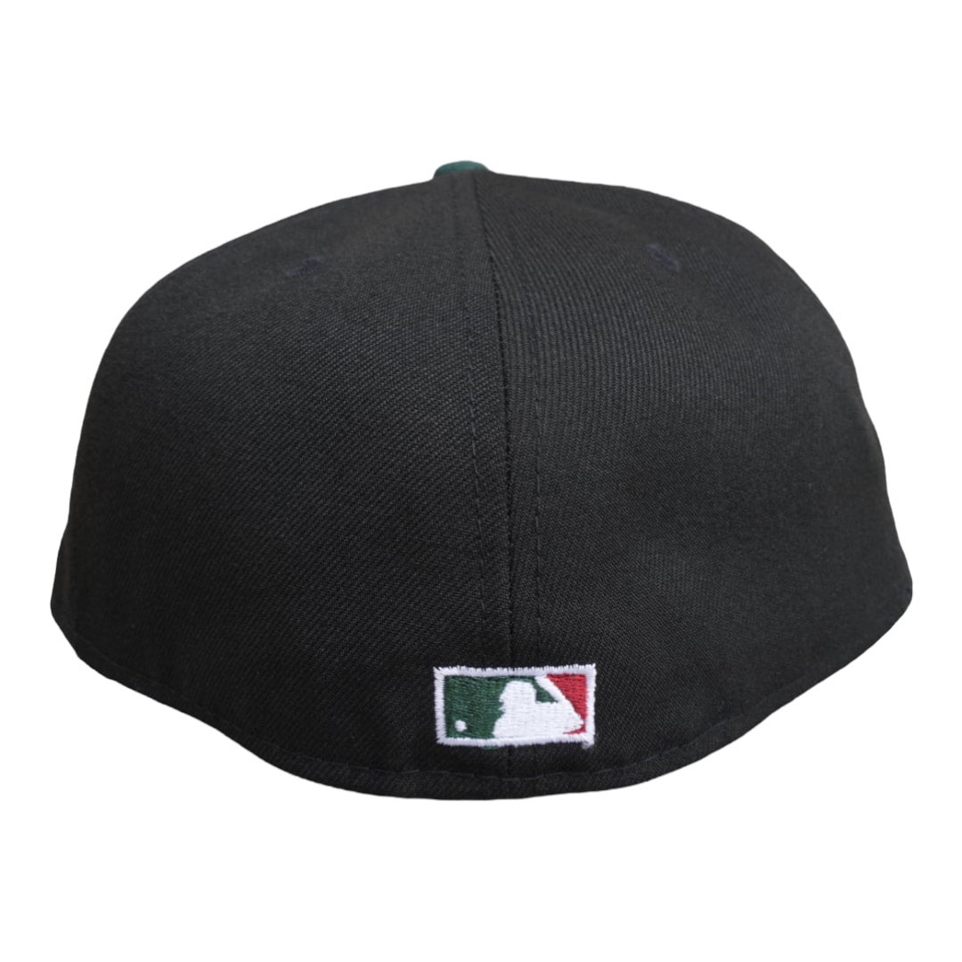 Seattle Mariners New Era Marineros Script Black/DK Green Bill and H Red  Bottom With Mexican Flag Patch On Side 59FIFTY Fitted Hat⁠