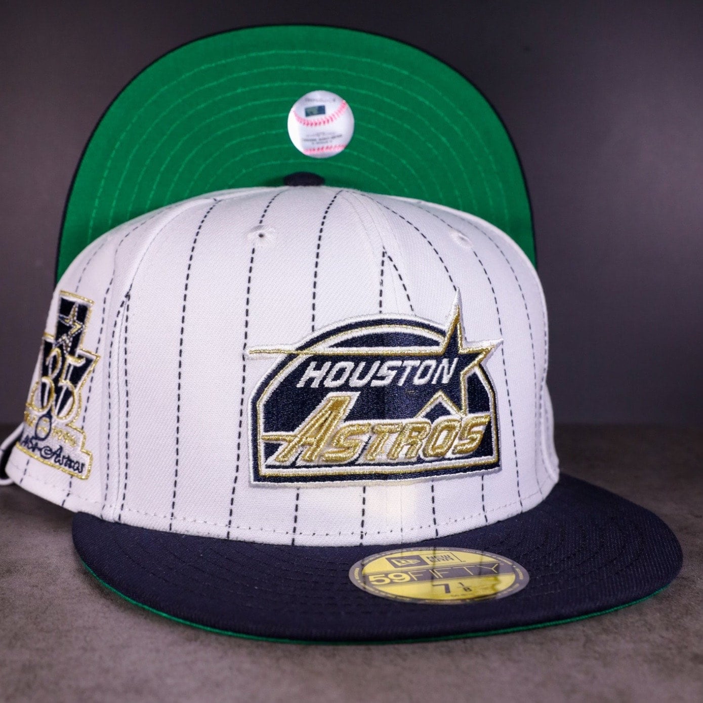 Houston Astros New Era White Pinstripe/Navy Bill and Kelly Green Bottom  With 35th Anniversary Patch On Side 59FIFTY Fitted Hat