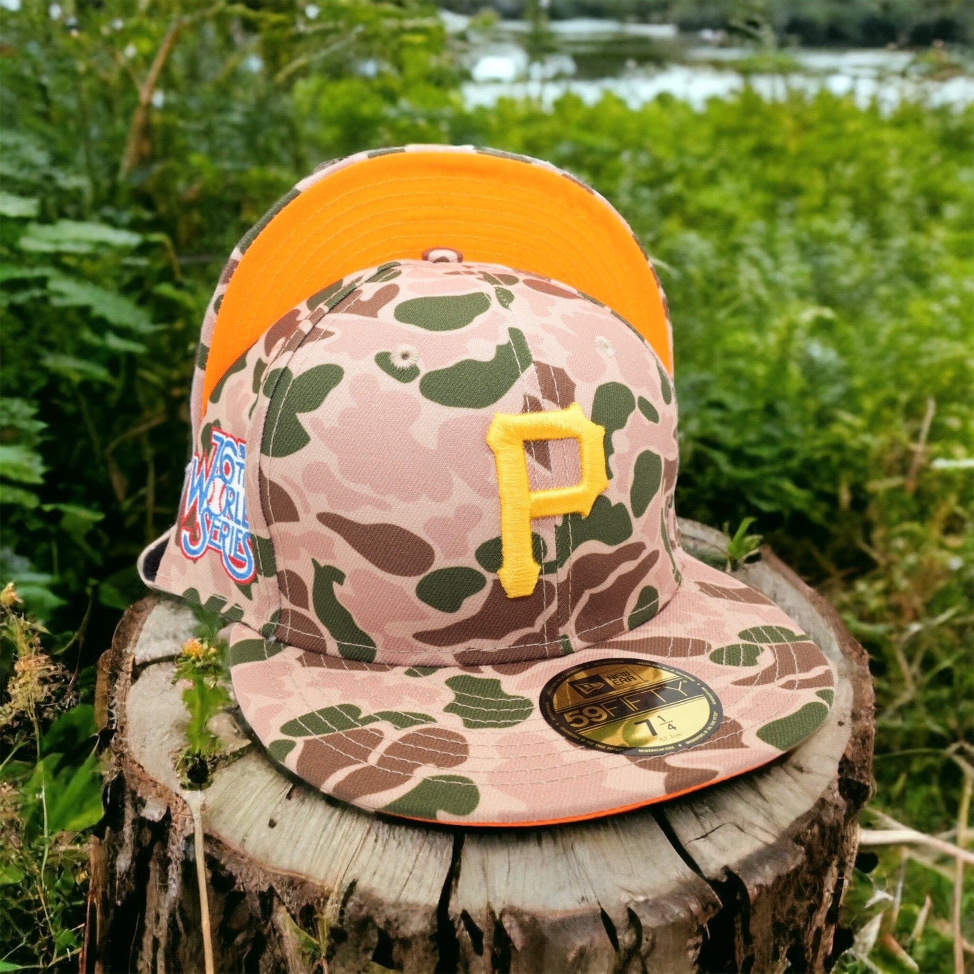 Pittsburgh Pirates All Duck Camo And Orange Botton And 1976 World Series  Patch On Side 59FIFTY Fitted Hat