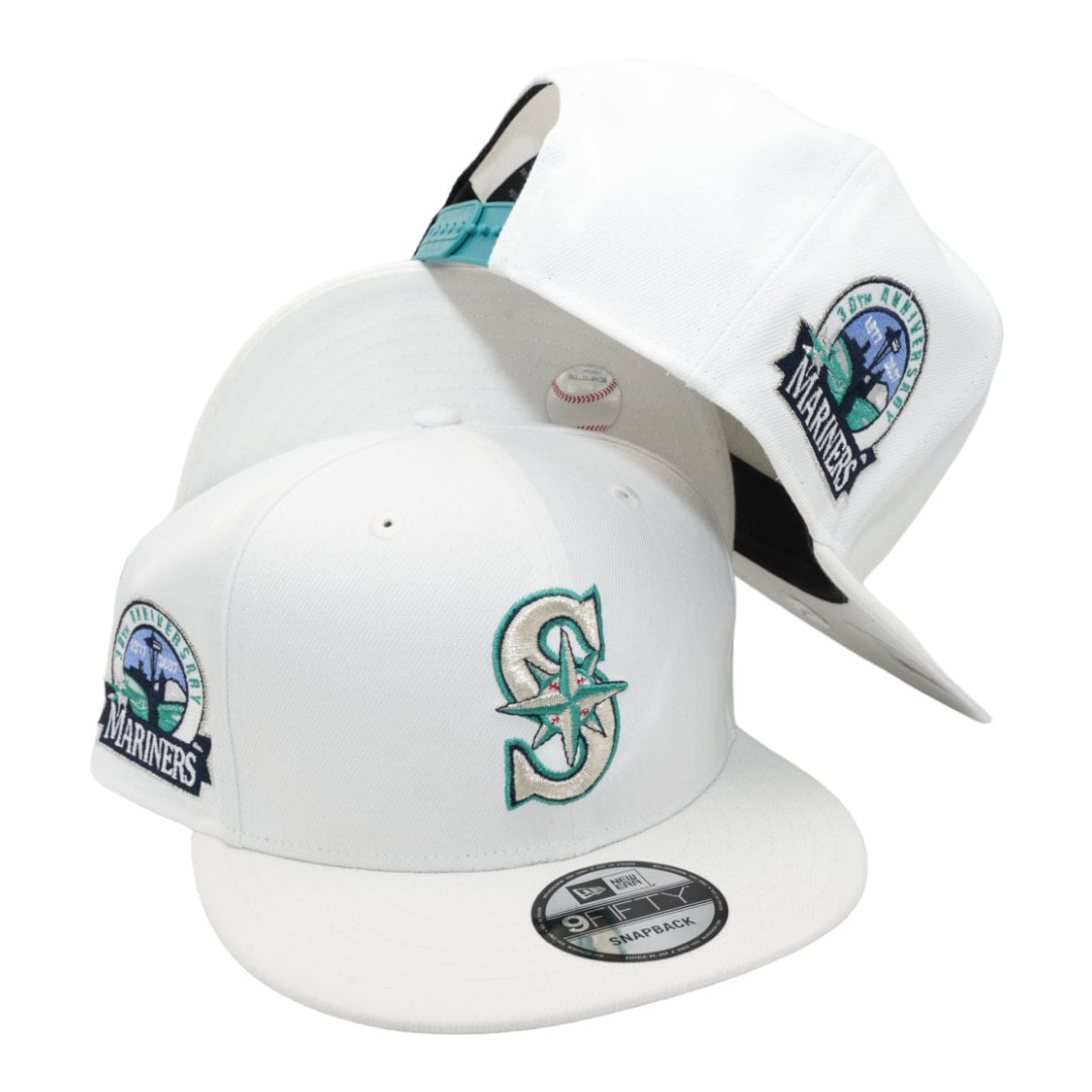 Seattle Mariners New Era All White With Team Color And 30TH Anniversary  Patch On Side 9FIFTY Adjustable Snapback Hat