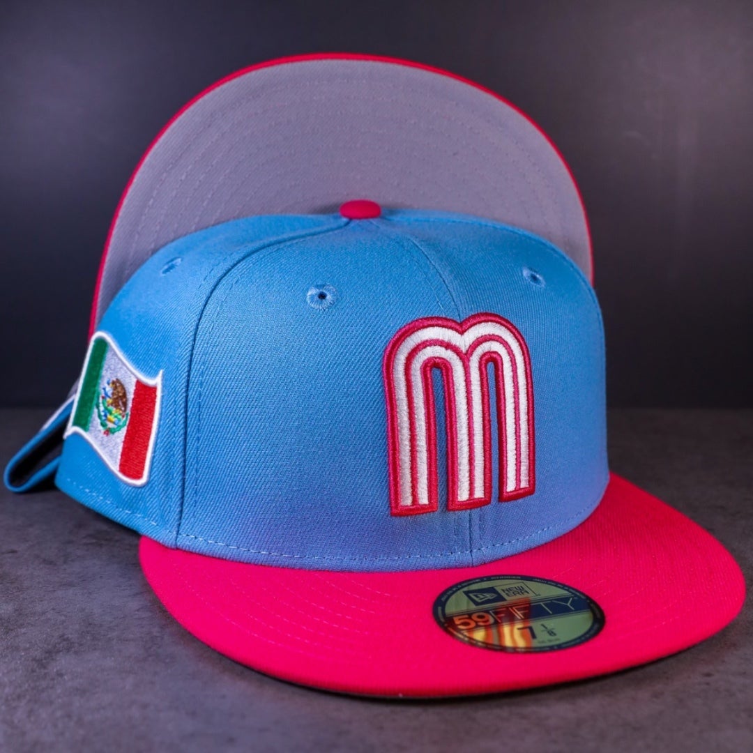 WBC Mexico New Era Sky Blue/Bright Rose And Gray Bottom With Mexican Flag  Patch On Side 59FIFTY Fitted Hat