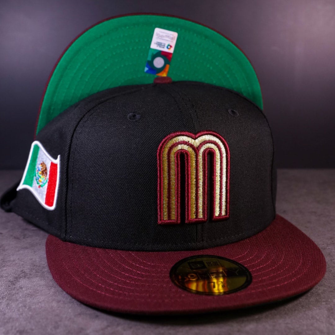 WBC Mexico New Era Chrome White/DK Green And Red Bottom With Mexican Flag  Patch On Side 59FIFTY Fitted Hat