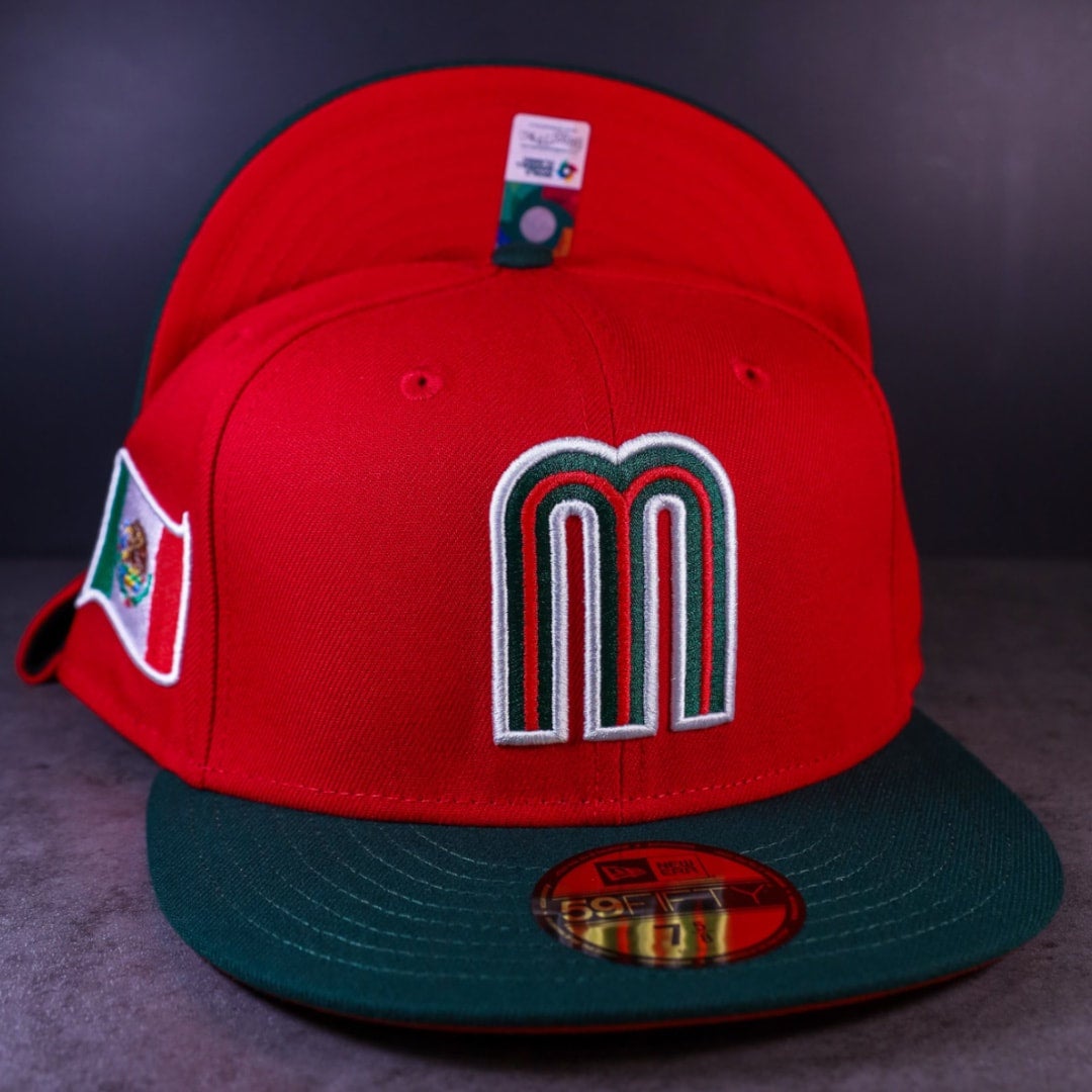 WBC Mexico New Era Chrome White/DK Green And Red Bottom With Mexican Flag  Patch On Side 59FIFTY Fitted Hat