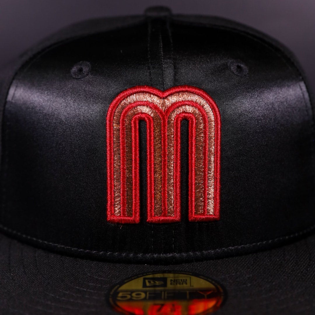 Seattle Mariners New Era Marineros Script Black/DK Green Bill and H Red  Bottom With Mexican Flag Patch On Side 59FIFTY Fitted Hat⁠