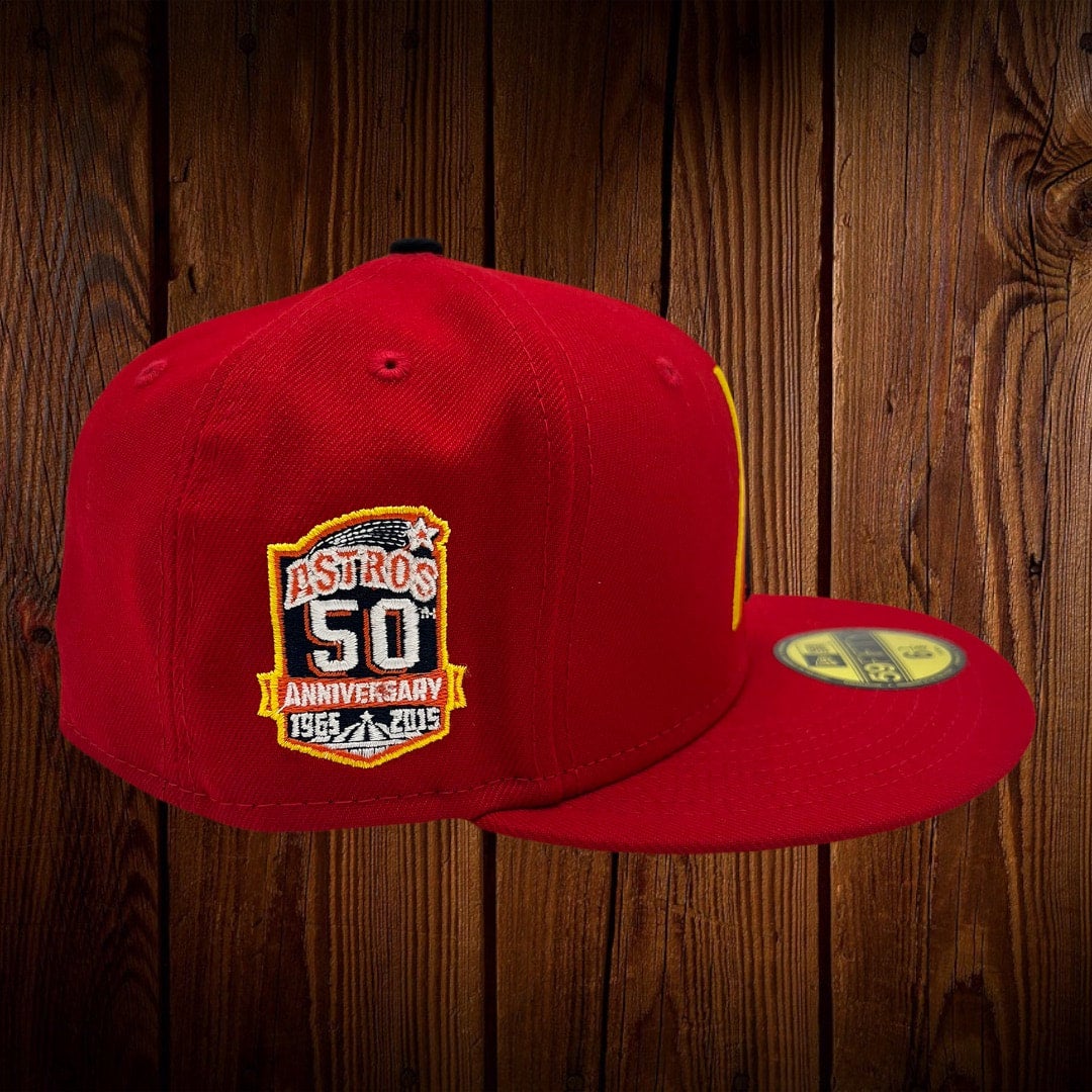 Houston Astros New Era All Red/Yellow Bottom With 50TH Anniversary Patch On  Side 59FIFTY Fitted Hat