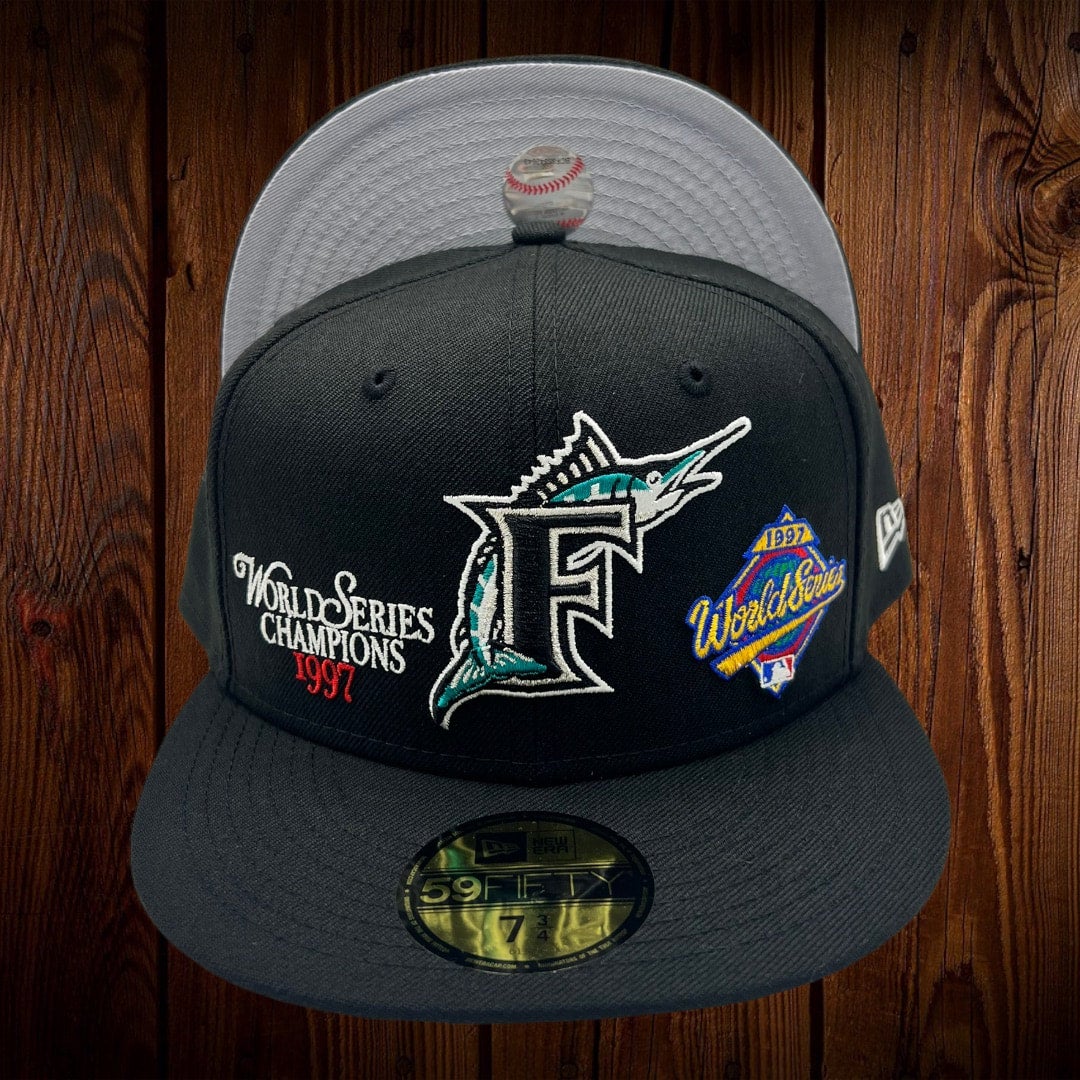 Florida Marlins New Era All Black/Gray Bottom With 1997 World Series  Patches 59FIFTY Fitted Hat