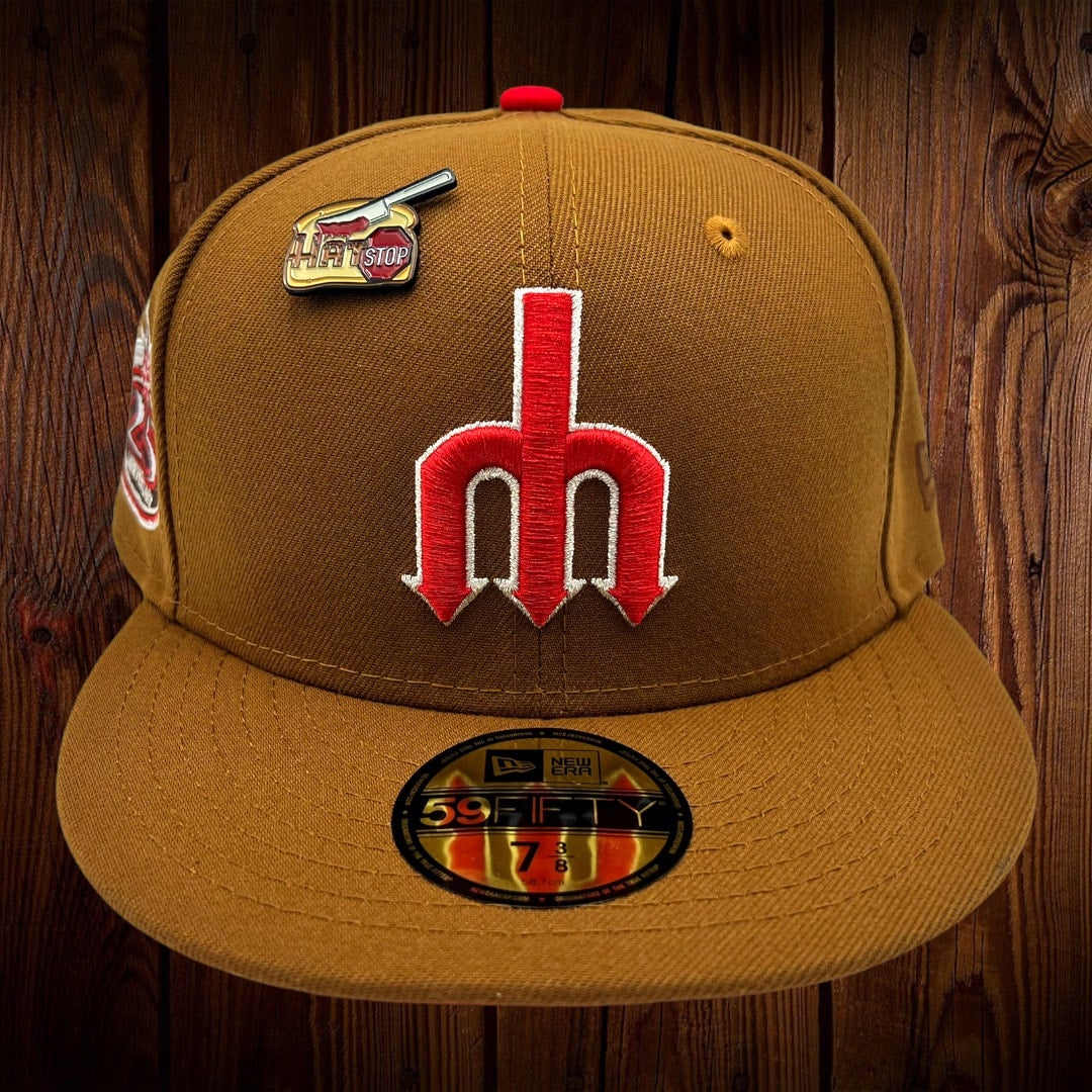 Toasted Peanut Seattle Mariners Black Visor Red Bottom 20th Anniversary Side Patch New Era 59FIFTY Fitted 67/8