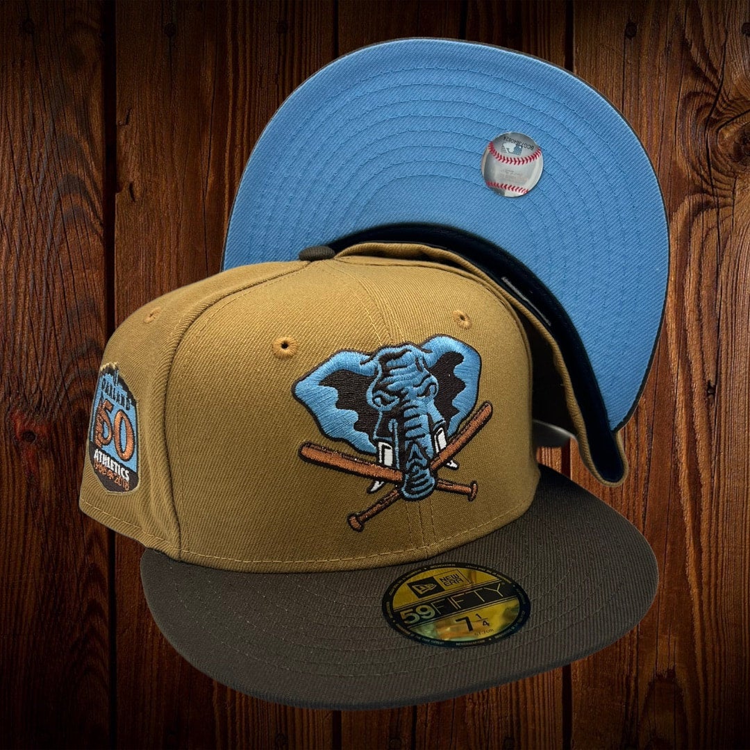 Oakland Athletics New Era Wheat/Brown Bill And Sky Blue Bottom With 40TH  Anniversary Patch On Side 59FIFTY Fitted Hat