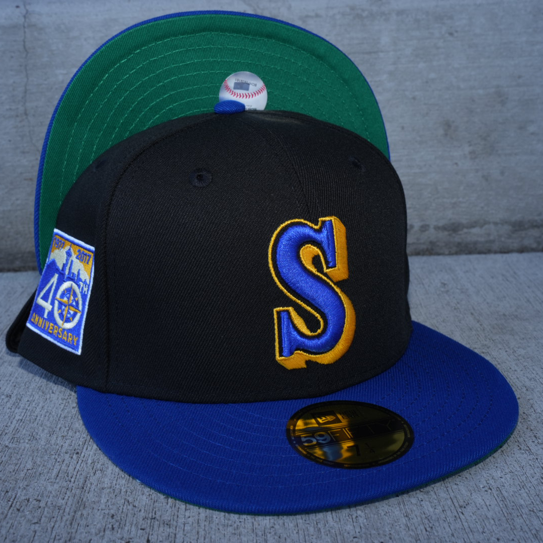 Seattle Mariners New Era Black/Royal Blue Bill And Green Bottom With 40TH  Anniversary Patch On Side 59FIFTY Fitted Hat
